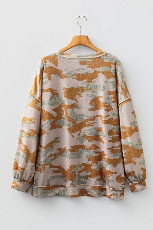 Relaxed Camouflage Print Drop Shoulder Long Sleeve Tunic Top
