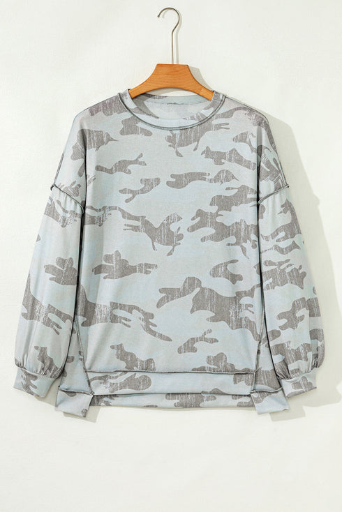 Relaxed Camouflage Print Drop Shoulder Long Sleeve Tunic Top