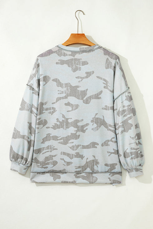 Relaxed Camouflage Print Drop Shoulder Long Sleeve Tunic Top
