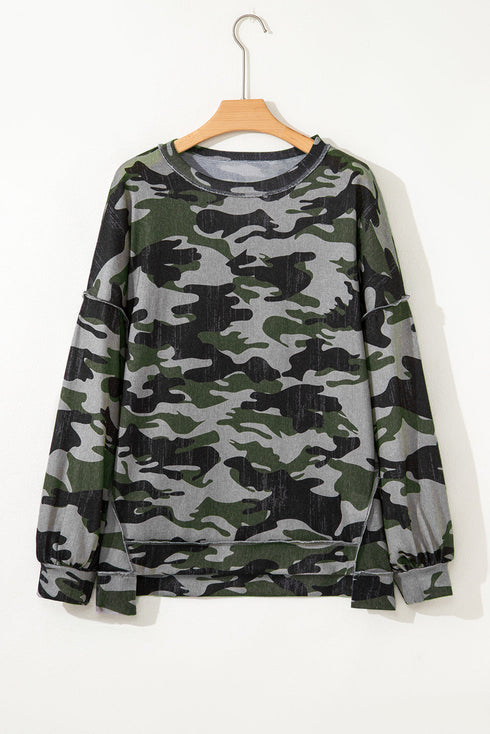 Relaxed Camouflage Print Drop Shoulder Long Sleeve Tunic Top