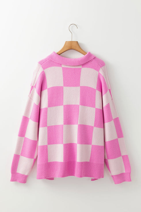 Relaxed Checkerboard Knit Collared Button Pullover Sweater