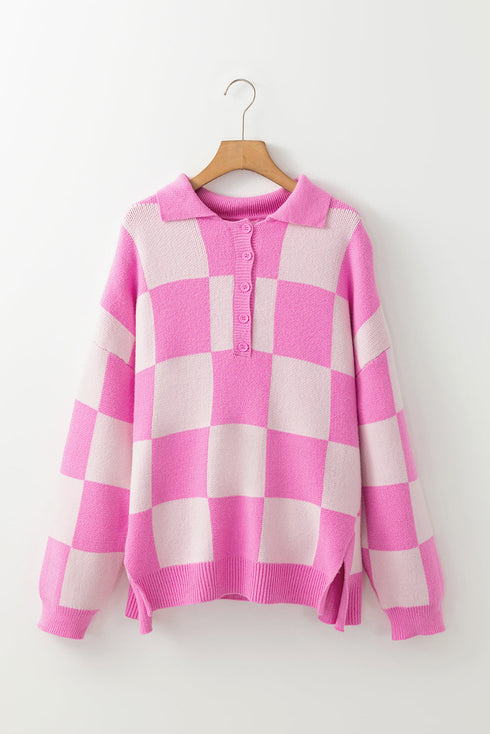 Relaxed Checkerboard Knit Collared Button Pullover Sweater