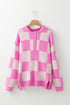 Relaxed Checkerboard Knit Collared Button Pullover Sweater