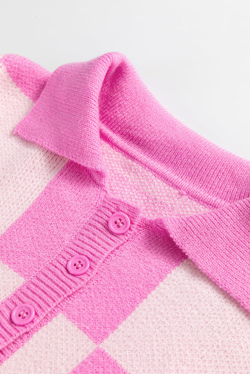 Relaxed Checkerboard Knit Collared Button Pullover Sweater