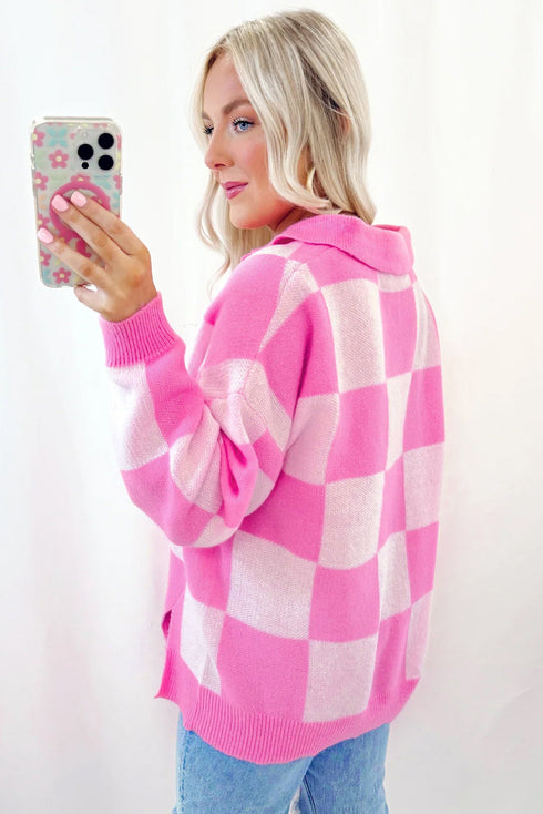 Relaxed Checkerboard Knit Collared Button Pullover Sweater