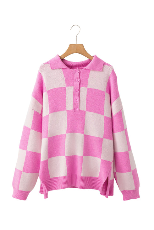 Relaxed Checkerboard Knit Collared Button Pullover Sweater