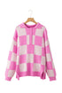 Relaxed Checkerboard Knit Collared Button Pullover Sweater