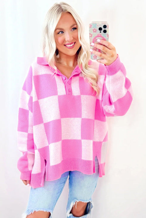 Relaxed Checkerboard Knit Collared Button Pullover Sweater