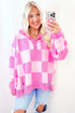 Relaxed Checkerboard Knit Collared Button Pullover Sweater