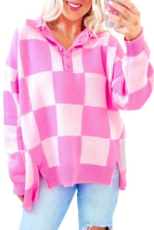 Relaxed Checkerboard Knit Collared Button Pullover Sweater