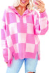 Relaxed Checkerboard Knit Collared Button Pullover Sweater