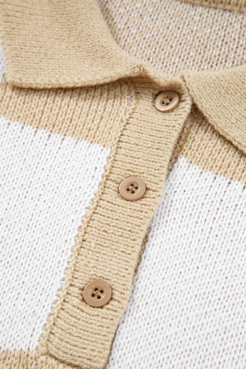 Relaxed Checkerboard Print Henley Collared Knit Sweater
