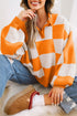 Relaxed Checkerboard Print Henley Collared Knit Sweater