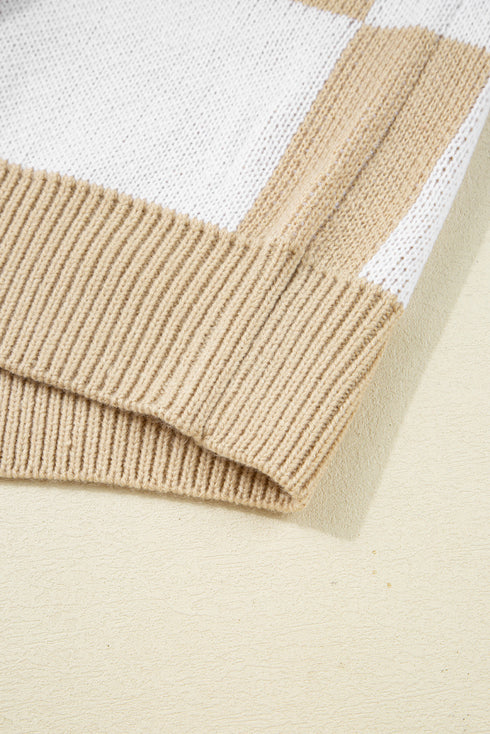 Relaxed Checkerboard Print Henley Collared Knit Sweater