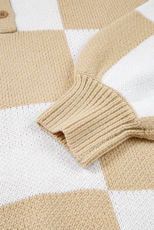 Relaxed Checkerboard Print Henley Collared Knit Sweater