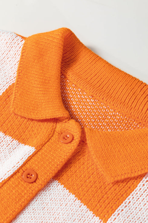 Relaxed Checkerboard Print Henley Collared Knit Sweater