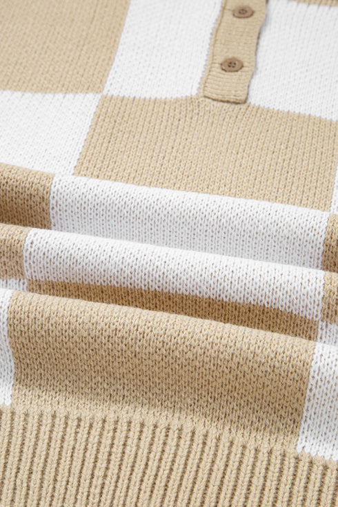 Relaxed Checkerboard Print Henley Collared Knit Sweater