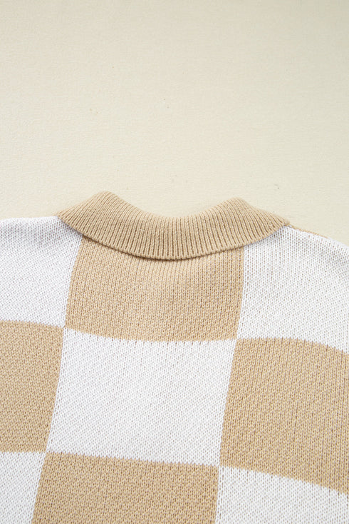 Relaxed Checkerboard Print Henley Collared Knit Sweater