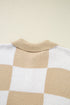 Relaxed Checkerboard Print Henley Collared Knit Sweater