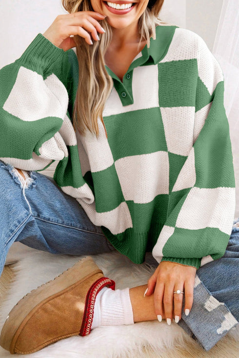 Relaxed Checkerboard Print Henley Collared Knit Sweater