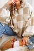 Relaxed Checkerboard Print Henley Collared Knit Sweater