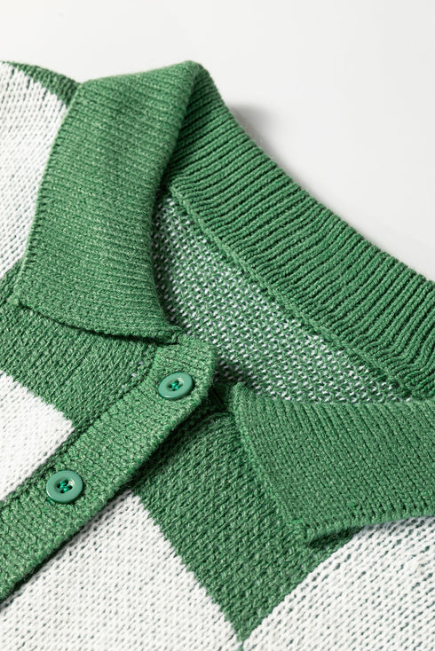 Relaxed Checkerboard Print Henley Collared Knit Sweater