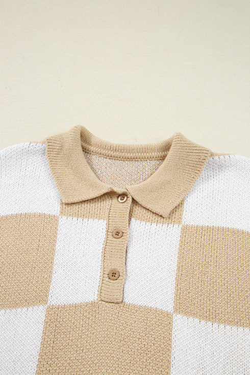 Relaxed Checkerboard Print Henley Collared Knit Sweater