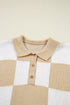 Relaxed Checkerboard Print Henley Collared Knit Sweater