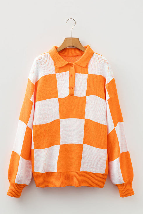 Relaxed Checkerboard Print Henley Collared Knit Sweater