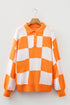 Relaxed Checkerboard Print Henley Collared Knit Sweater