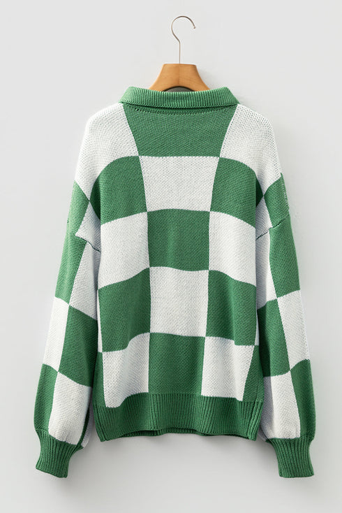 Relaxed Checkerboard Print Henley Collared Knit Sweater
