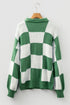 Relaxed Checkerboard Print Henley Collared Knit Sweater