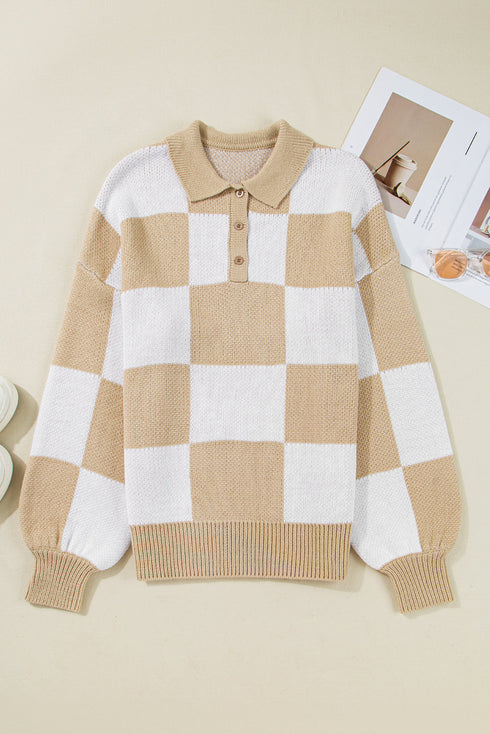 Relaxed Checkerboard Print Henley Collared Knit Sweater