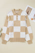 Relaxed Checkerboard Print Henley Collared Knit Sweater