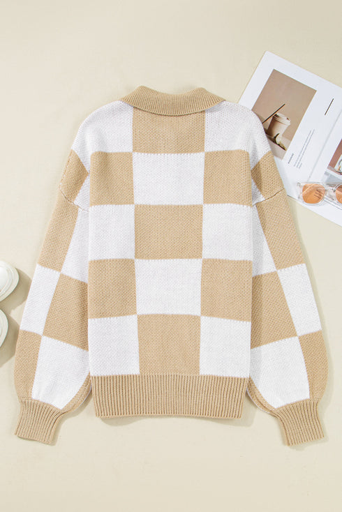 Relaxed Checkerboard Print Henley Collared Knit Sweater