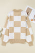 Relaxed Checkerboard Print Henley Collared Knit Sweater