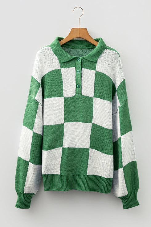 Relaxed Checkerboard Print Henley Collared Knit Sweater