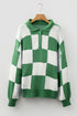Relaxed Checkerboard Print Henley Collared Knit Sweater