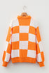 Relaxed Checkerboard Print Henley Collared Knit Sweater