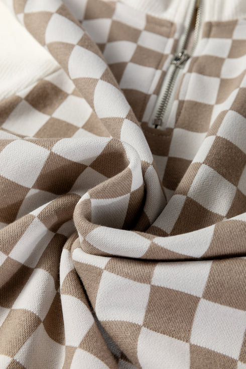 Relaxed Checkerboard Print Quarter Zip Pullover Sweatshirt