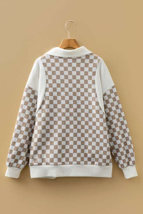 Relaxed Checkerboard Print Quarter Zip Pullover Sweatshirt