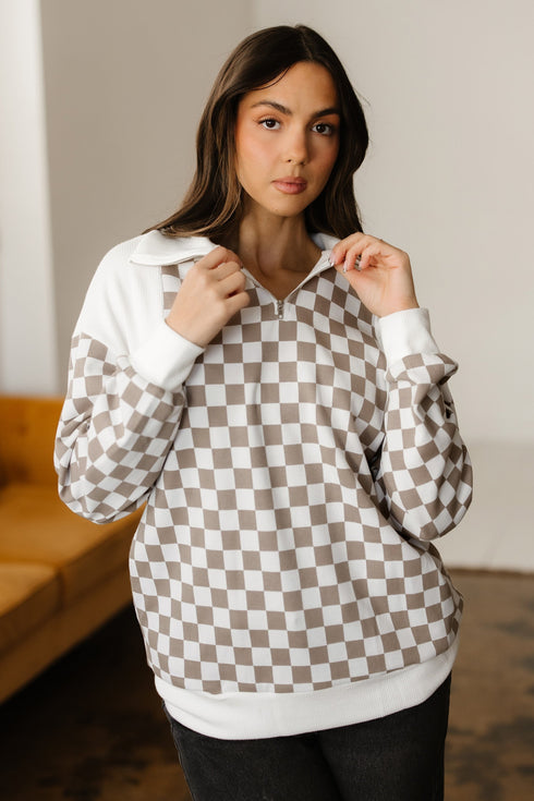 Relaxed Checkerboard Print Quarter Zip Pullover Sweatshirt