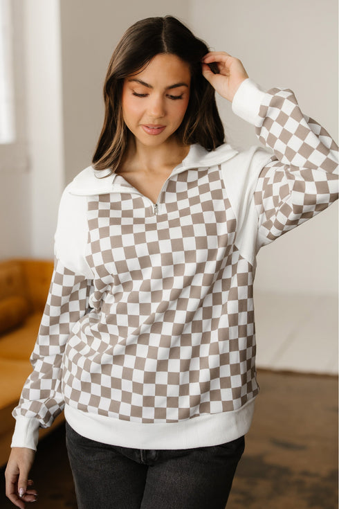 Relaxed Checkerboard Print Quarter Zip Pullover Sweatshirt