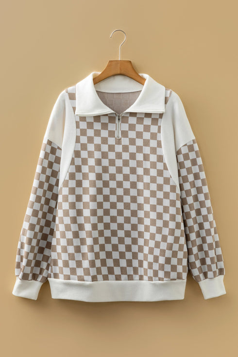 Relaxed Checkerboard Print Quarter Zip Pullover Sweatshirt