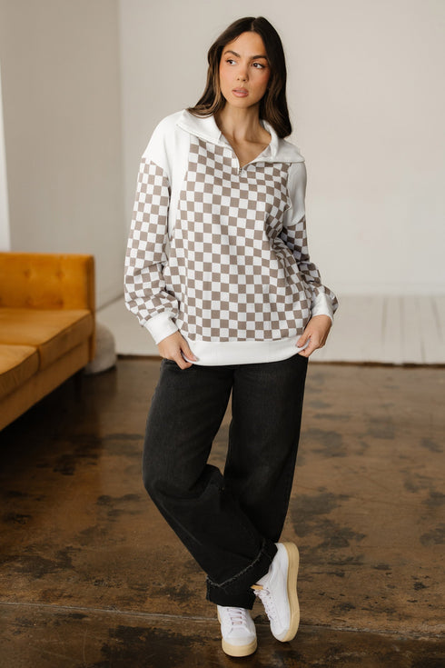 Relaxed Checkerboard Print Quarter Zip Pullover Sweatshirt