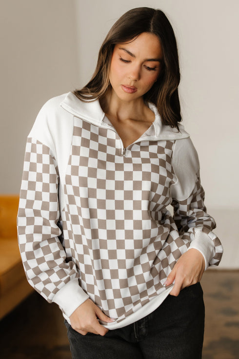 Relaxed Checkerboard Print Quarter Zip Pullover Sweatshirt