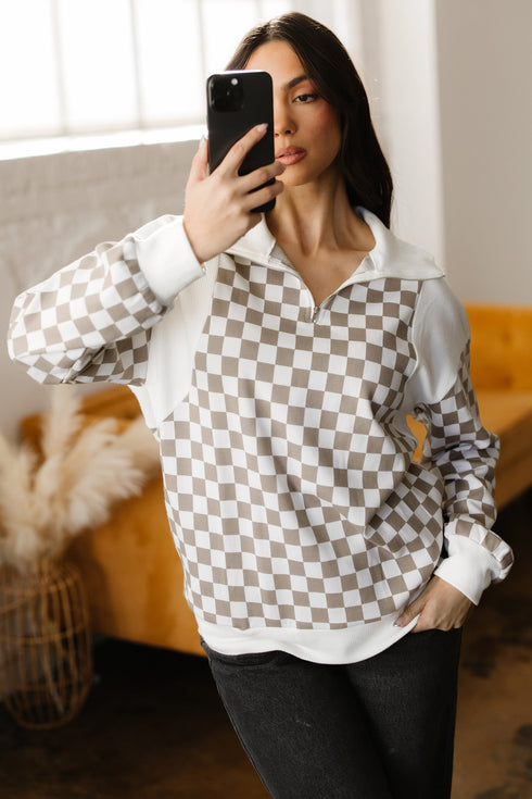 Relaxed Checkerboard Print Quarter Zip Pullover Sweatshirt