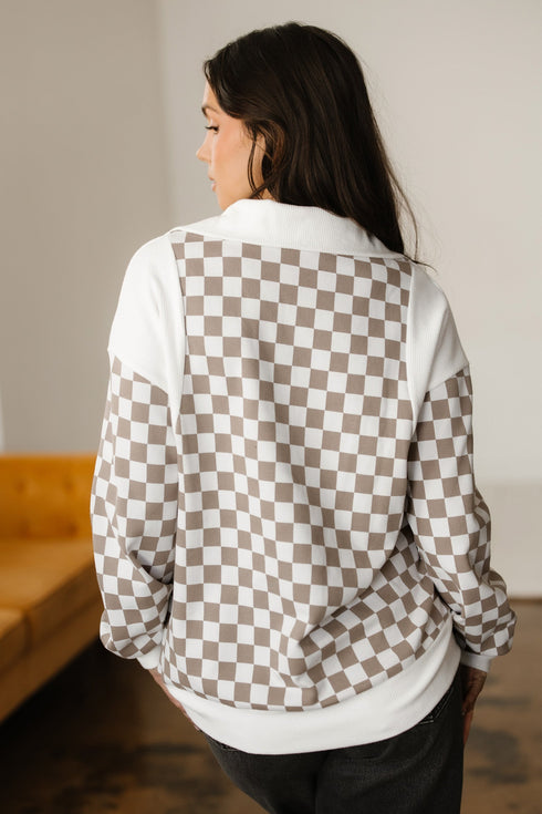 Relaxed Checkerboard Print Quarter Zip Pullover Sweatshirt