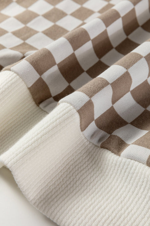Relaxed Checkerboard Print Quarter Zip Pullover Sweatshirt