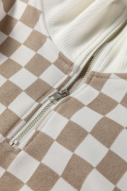 Relaxed Checkerboard Print Quarter Zip Pullover Sweatshirt
